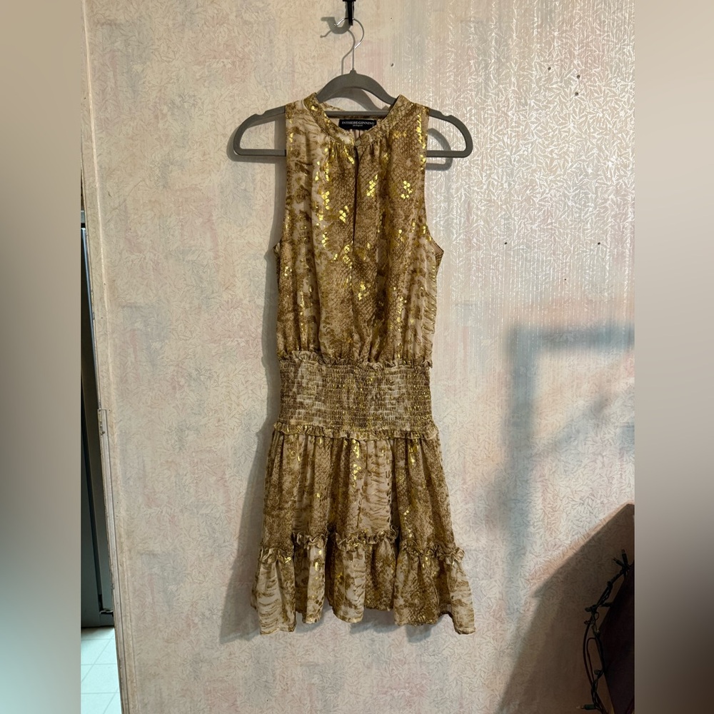 In The Beginning Glamorous Gold Sleeveless, Smocked, Ruffled Mini Dress, Sz Sm